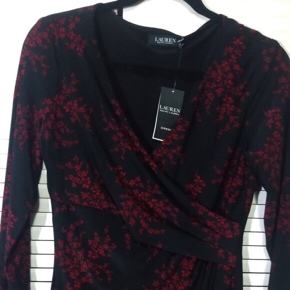 LAUREN RALPH LAUREN Faux Wrap Size 6 S Red Black Floral Side Ruch Dress V Neck - Picture 5 of 10